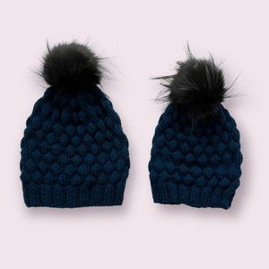 Mommy & Me, Women's and Kid's Beanie Set Hand Knitted Blue Fur Pom Pom, 2- Piece